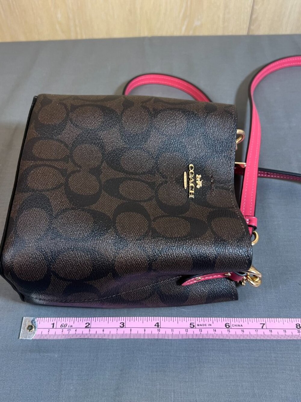 Coach Mini Crossbody Bag - Brown Signature Canvas and Hot Pink Leather - Like Ne - Picture 5 of 6